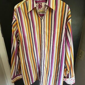 Brooklyn Express Men’s Large Colorful Striped Shirt - Floral Collar & Cuffs -